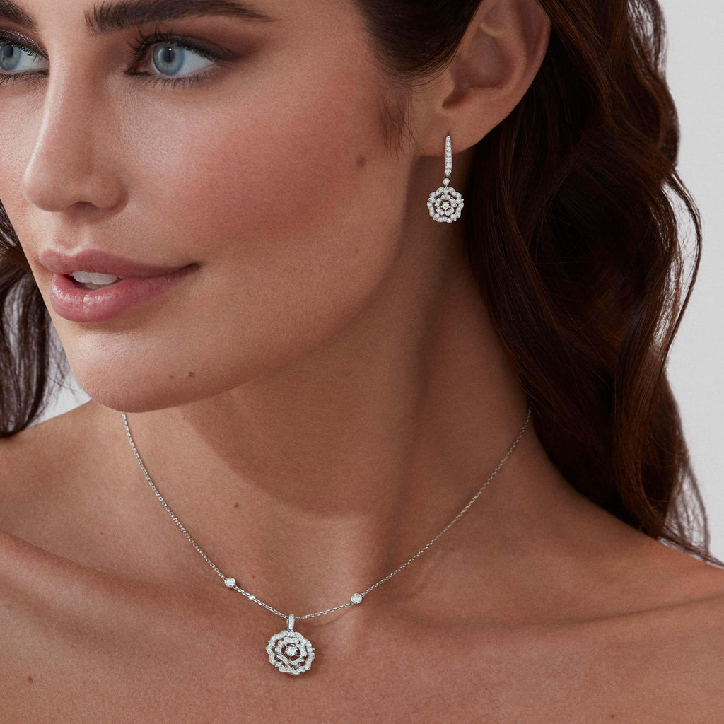 Garrard Tudor Rose Collection White gold drop earrings and pendant with diamonds 20124312012107 model 1