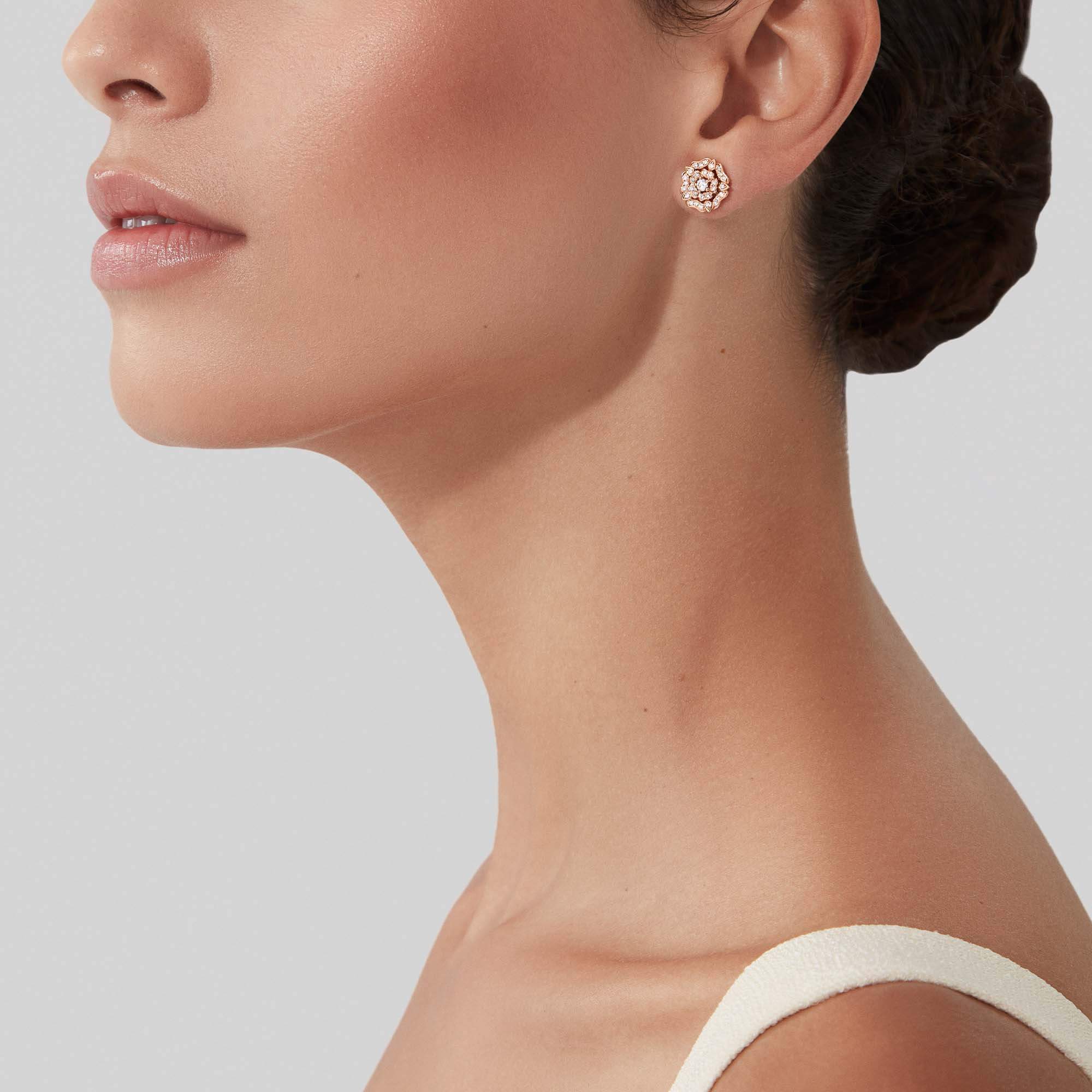 Garrard Tudor Rose jewellery collection Mini Icons Diamond Stud Earrings In 18ct Rose Gold, 2012639, model new