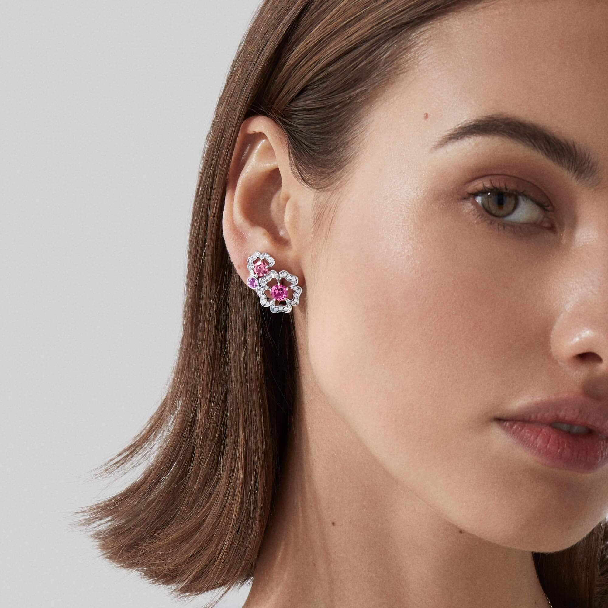 Garrard Tudor Rose jewellery collection Petal Tourmaline Pink Sapphire and Rubellite Ear Climbers In 18ct White Gold with Diamonds 2014345 models
