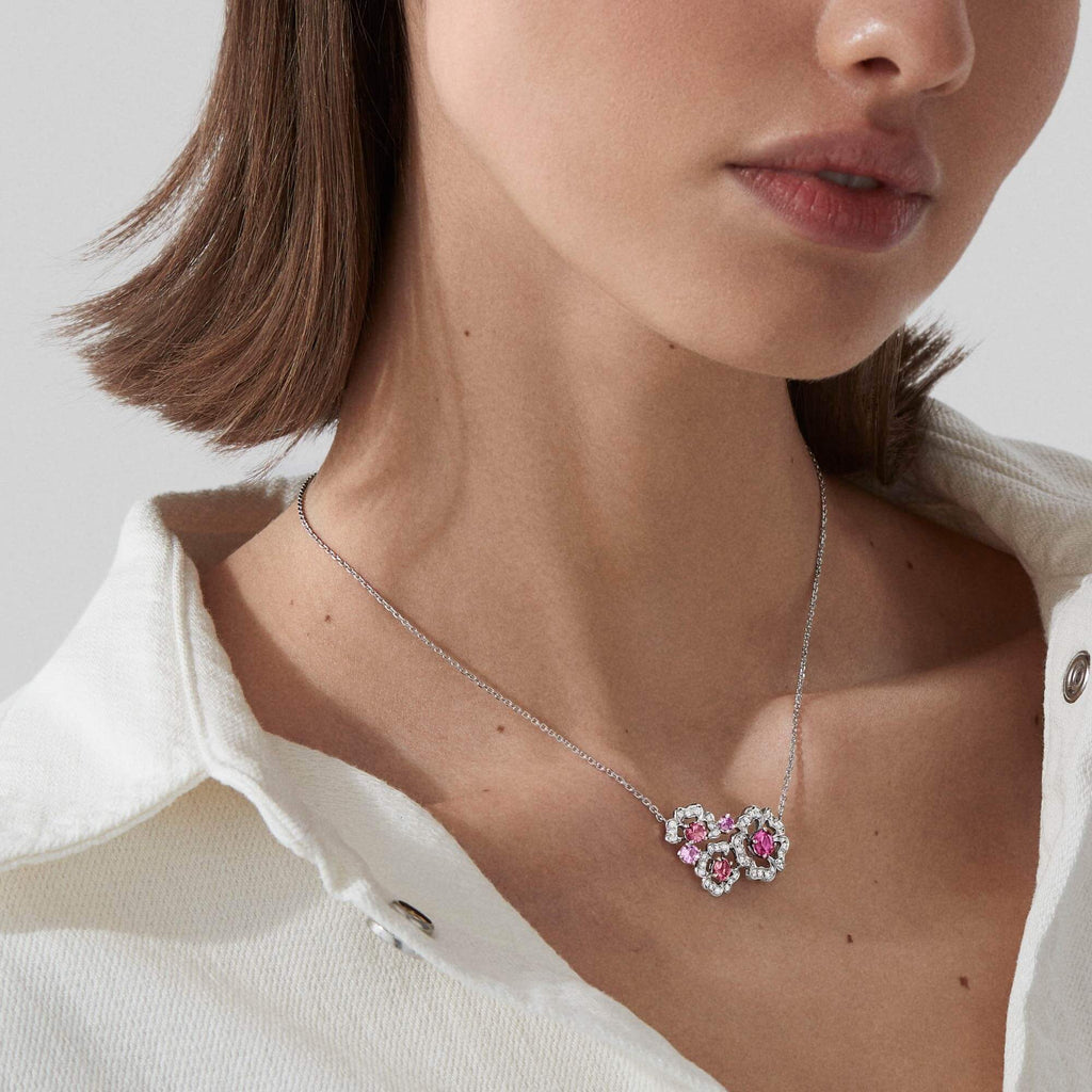 Garrard Tudor Rose jewellery collection Petal Tourmaline Pink Sapphire and Rubellite Pendant In 18ct White Gold with Diamonds 2014666 models