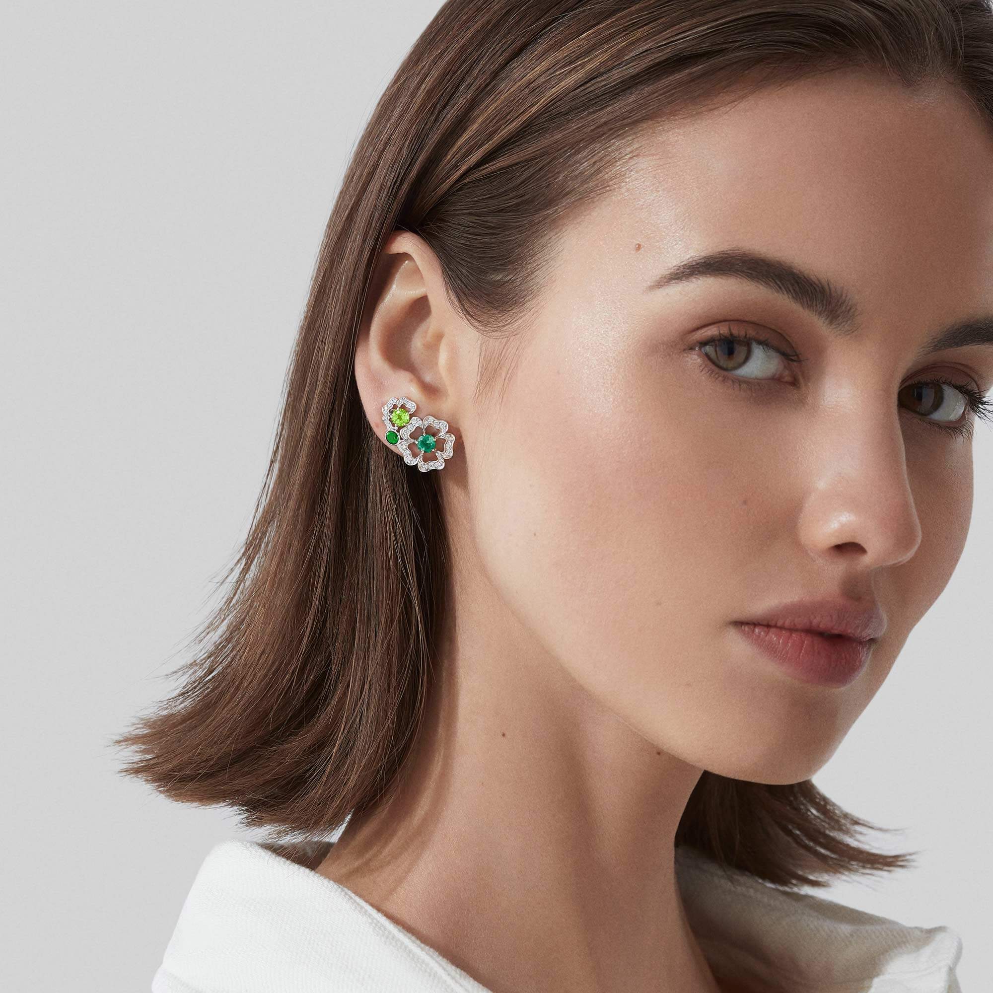 Garrard Tudor Rose jewellery collection Petal Tourmaline and Peridot Ear Climbers In 18ct White Gold with Diamonds 2014343 models