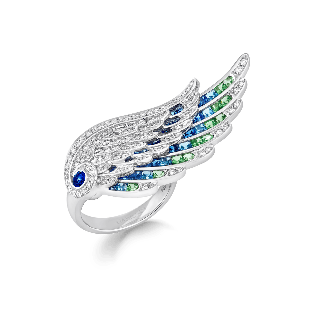 Garrard WIngs Embrace collection Peacock ring with diamonds Sapphires Tsavorites and Aquamarines 2017612 Hero View