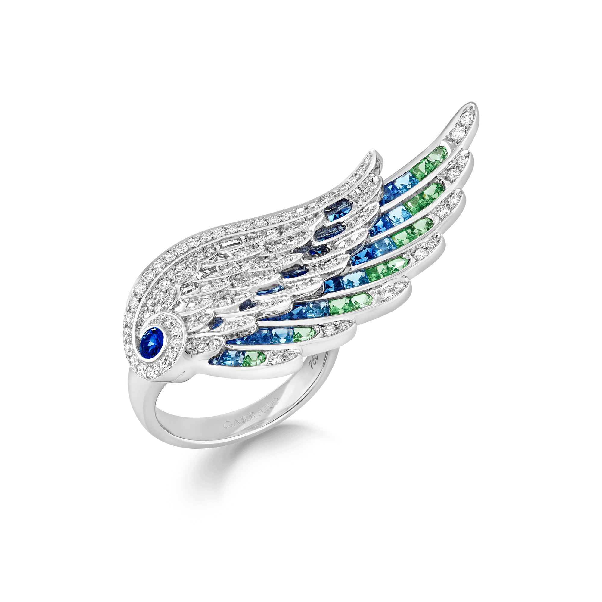 Garrard WIngs Embrace collection Peacock ring with diamonds Sapphires Tsavorites and Aquamarines 2017612 Hero View