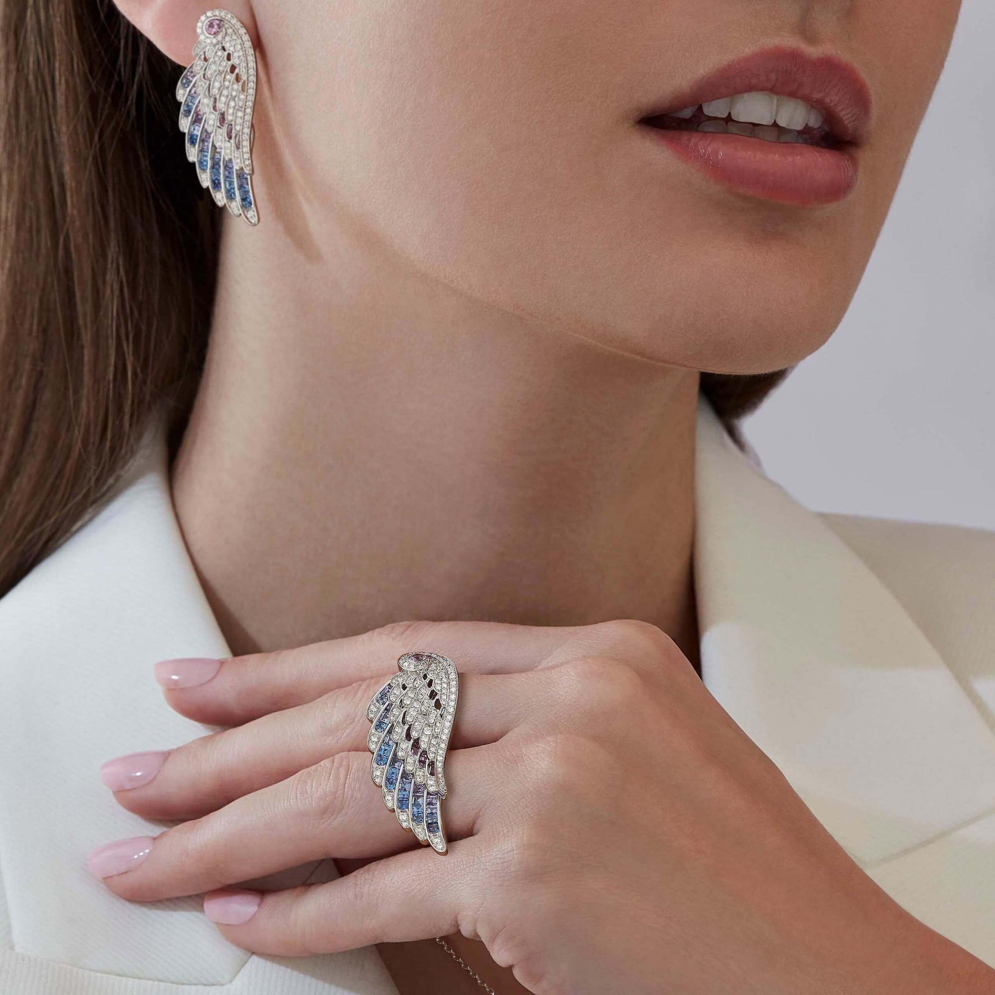 Wings Embrace Bird of Paradise Ring | In 18ct White Gold with Diamonds and Sapphires