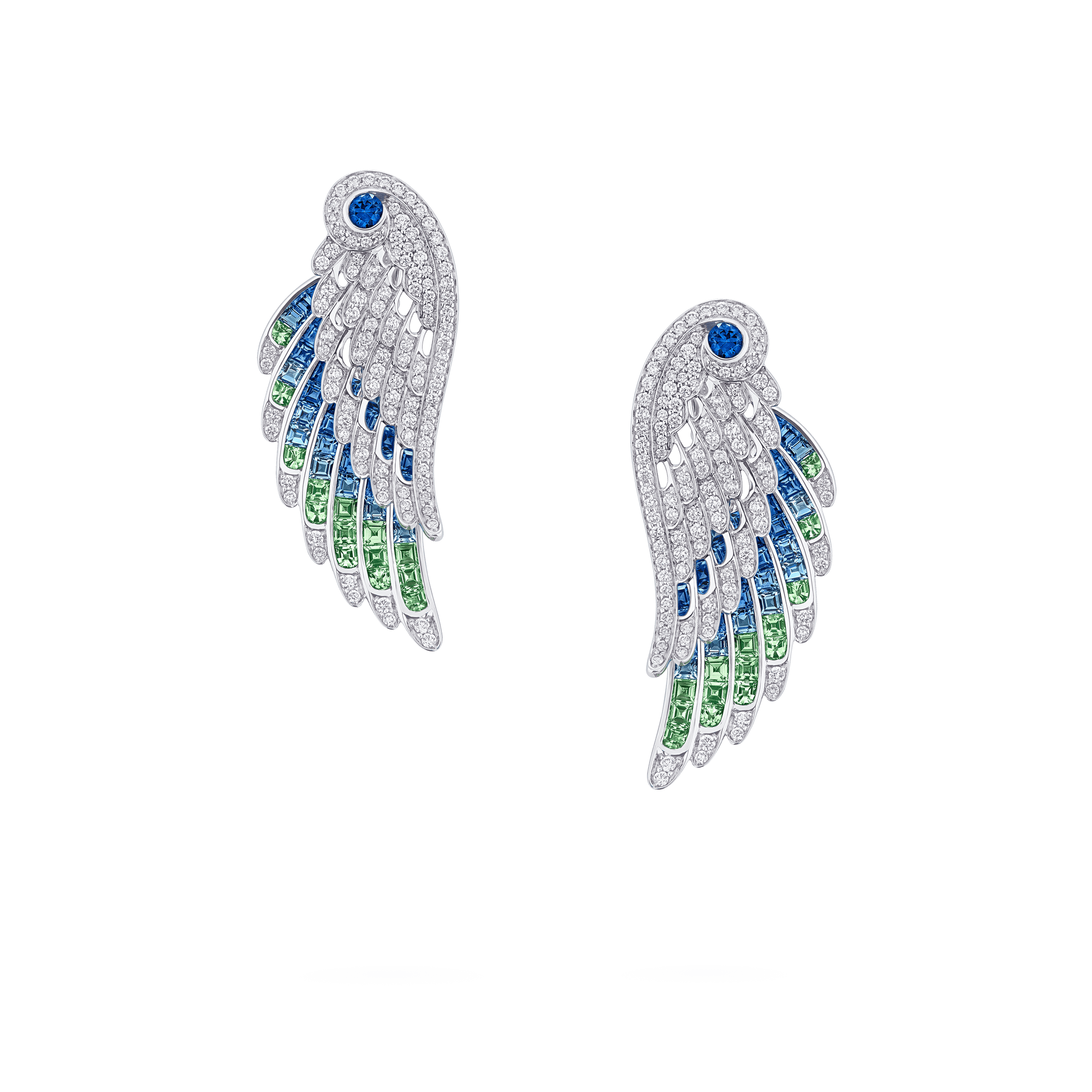Garrard Wings Embrace collection Peacock Ear Jackets with diamonds Sapphires Tsavorites and Aquamarines 2017611 Hero View