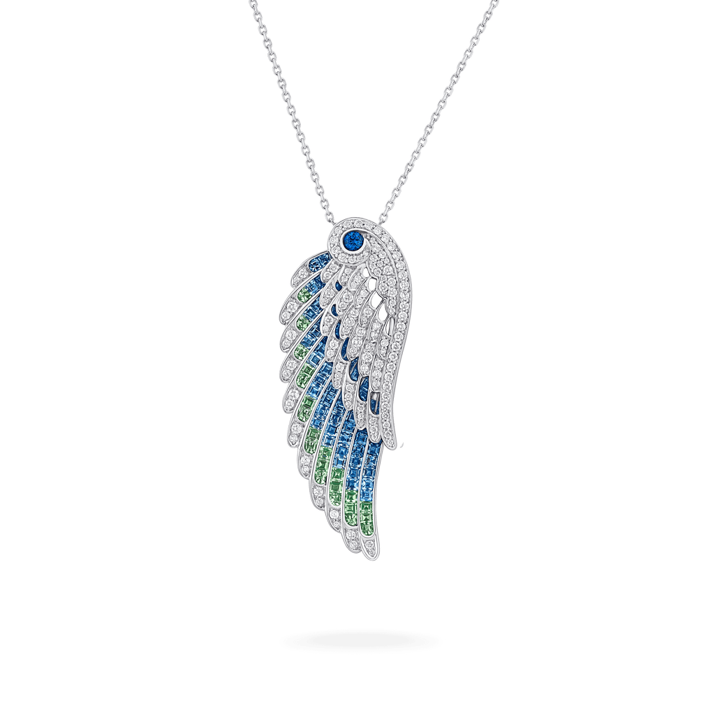 Garrard Wings Embrace collection Peacock Slide Pendant with Diamonds Sapphires Tsavorites and Aquamarines 2017610 Hero