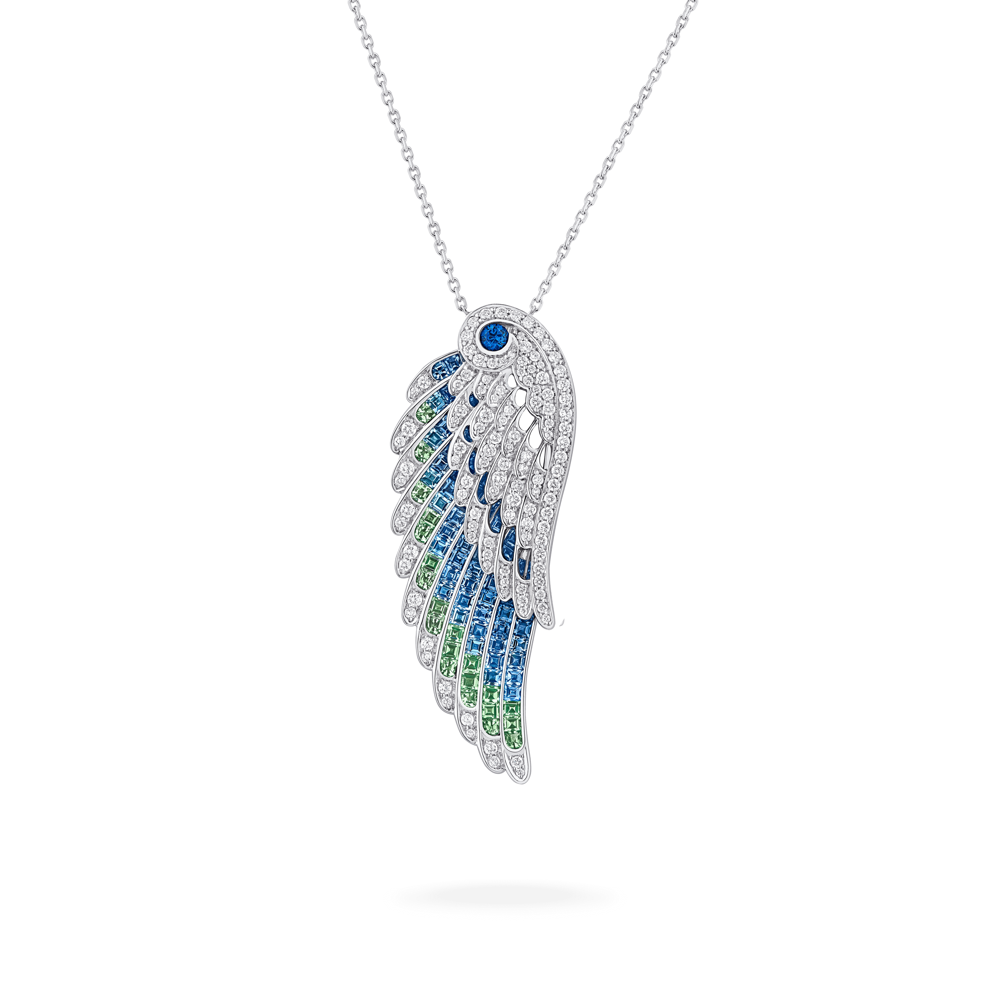 Garrard Wings Embrace collection Peacock Slide Pendant with Diamonds Sapphires Tsavorites and Aquamarines 2017610 Hero