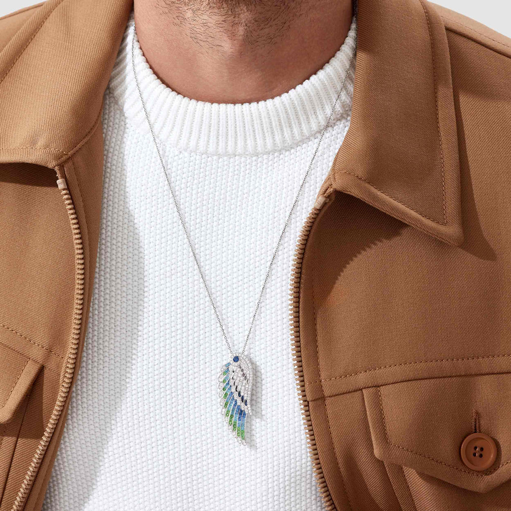Garrard Wings Embrace collection Peacock Slide Pendant with Diamonds Sapphires Tsavorites and Aquamarines 2017610 male model