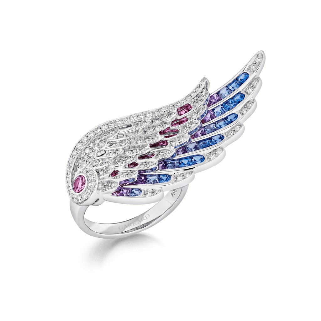Wings Embrace Bird of Paradise Ring | In 18ct White Gold with Diamonds and Sapphires