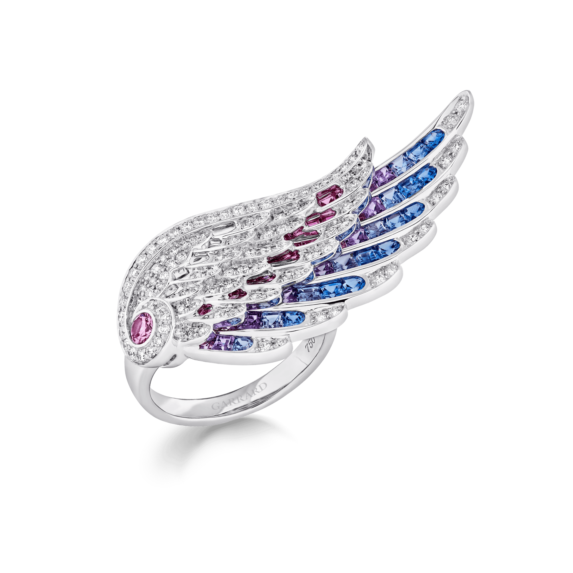 Wings Embrace Bird of Paradise Ring | In 18ct White Gold with Diamonds and Sapphires