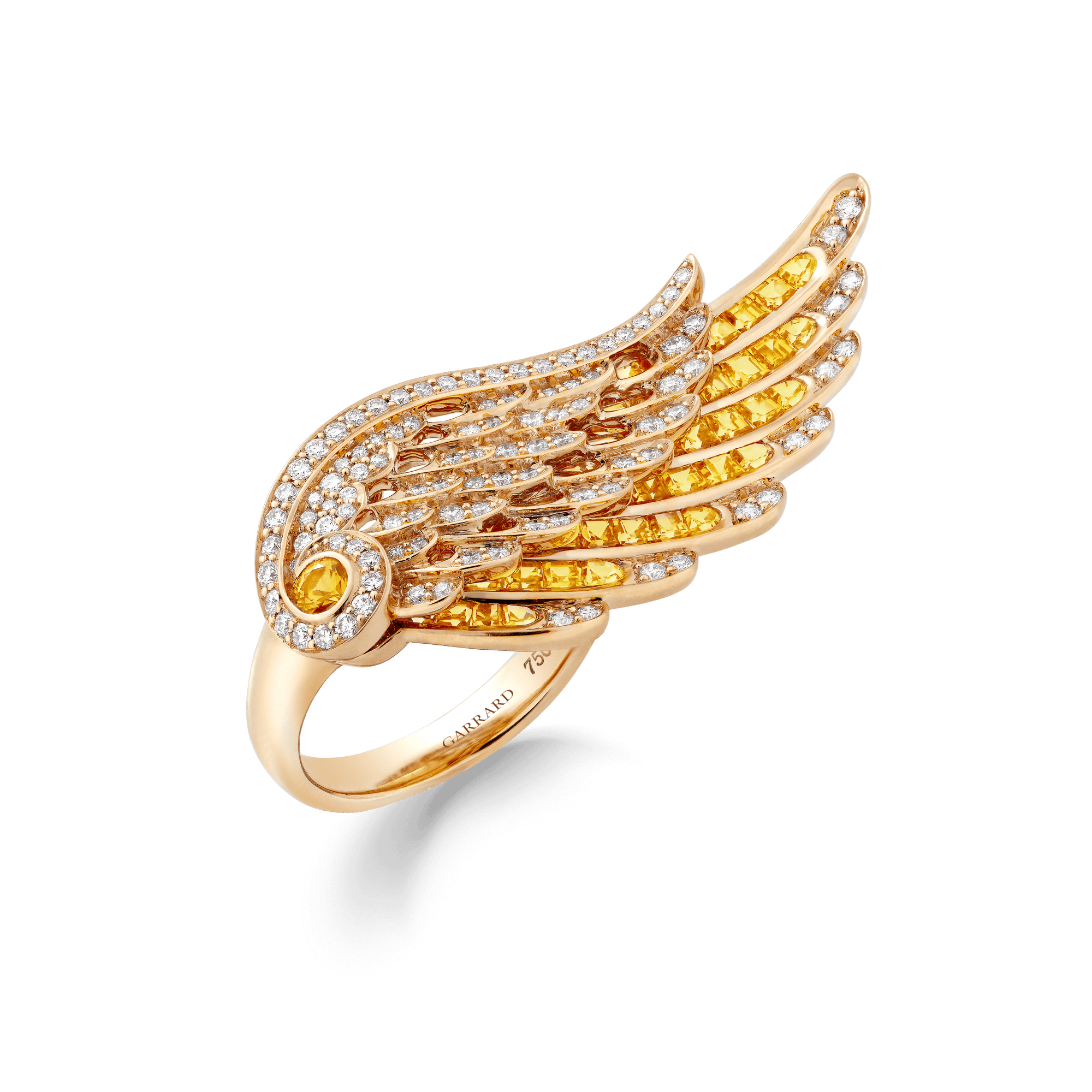 Garrard Wings Embrace jewellery collection Across the Finger Yellow Sapphire and Diamond Ring in 18ct Yellow Gold 2016582 Hero