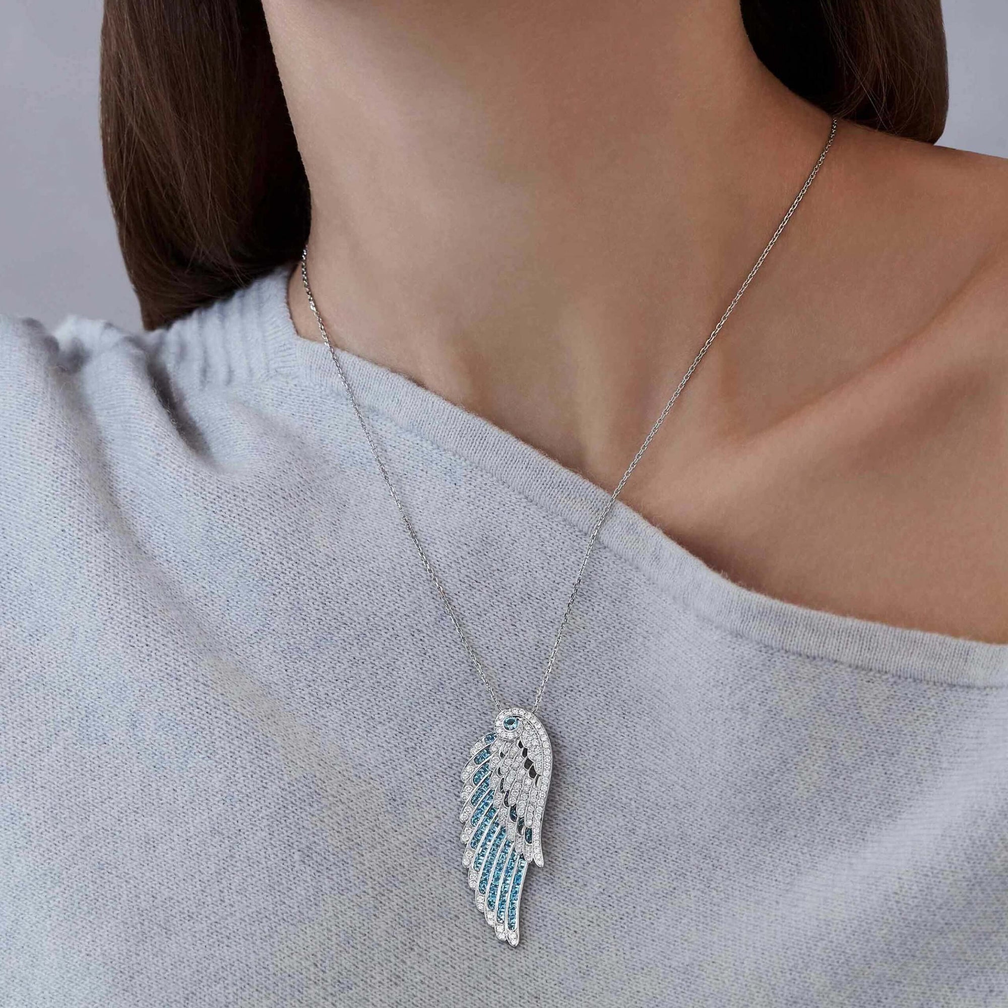 Wings Embrace Aquamarine and Diamond Slider Pendant | In 18ct White Gold