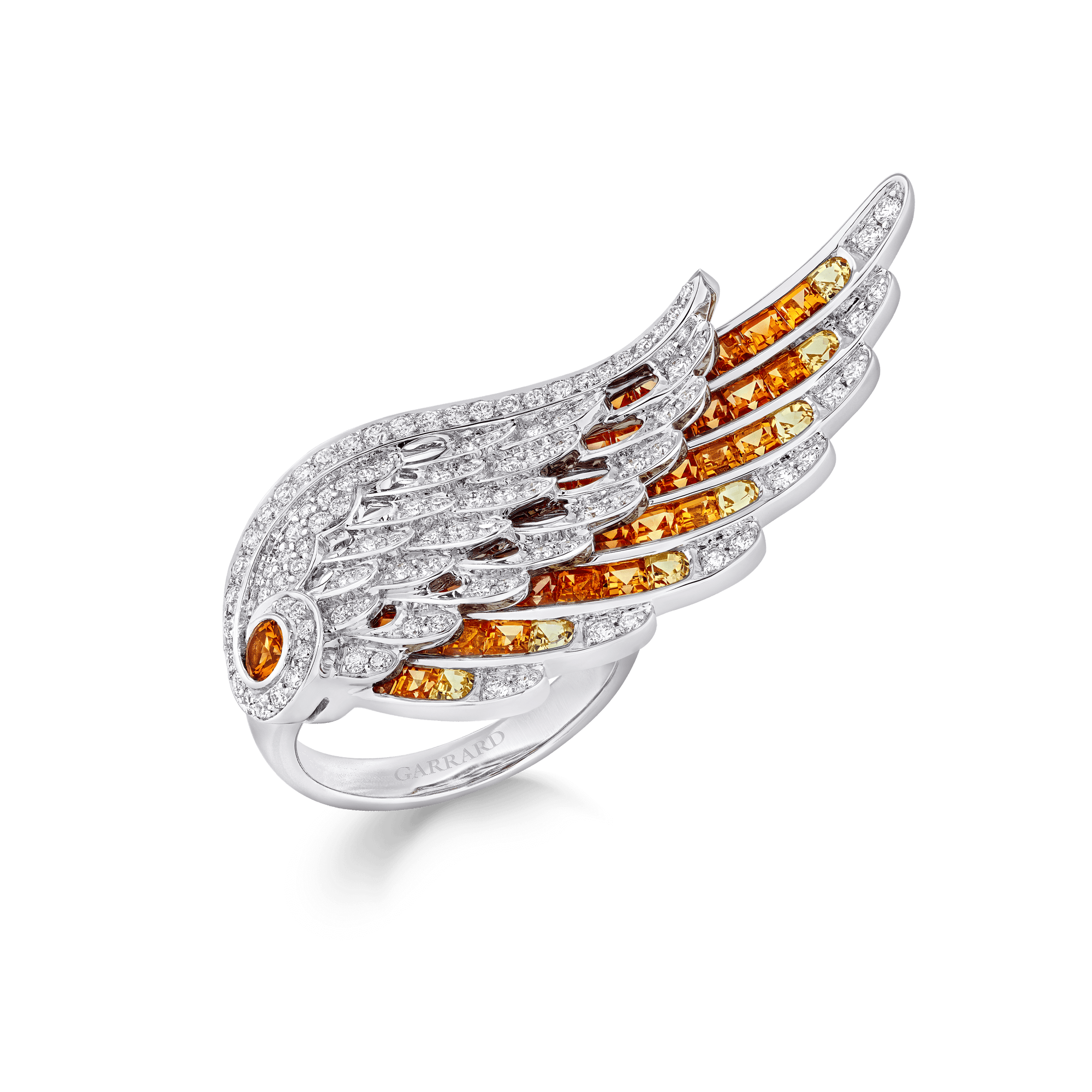 Garrard Wings Embrace jewellery collection Phoenix Ring in 18ct White Gold with Diamonds and Sapphires 2017609 Hero View