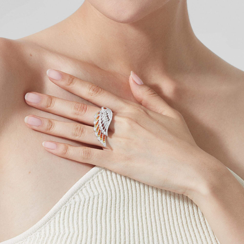 Garrard Wings Jewellery Collection Embrace Phoenix Ring in 18ct White Gold with Diamonds and Sapphires, 2017609, Model