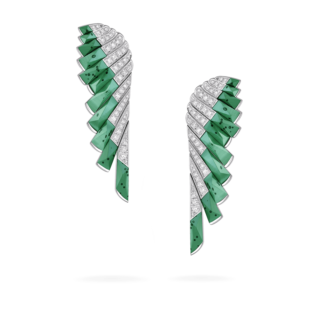 Garrard Wings Jewellery Collection Rising Apple Malachite and Diamond Earrings In 18ct White Gold, 2018622, Hero