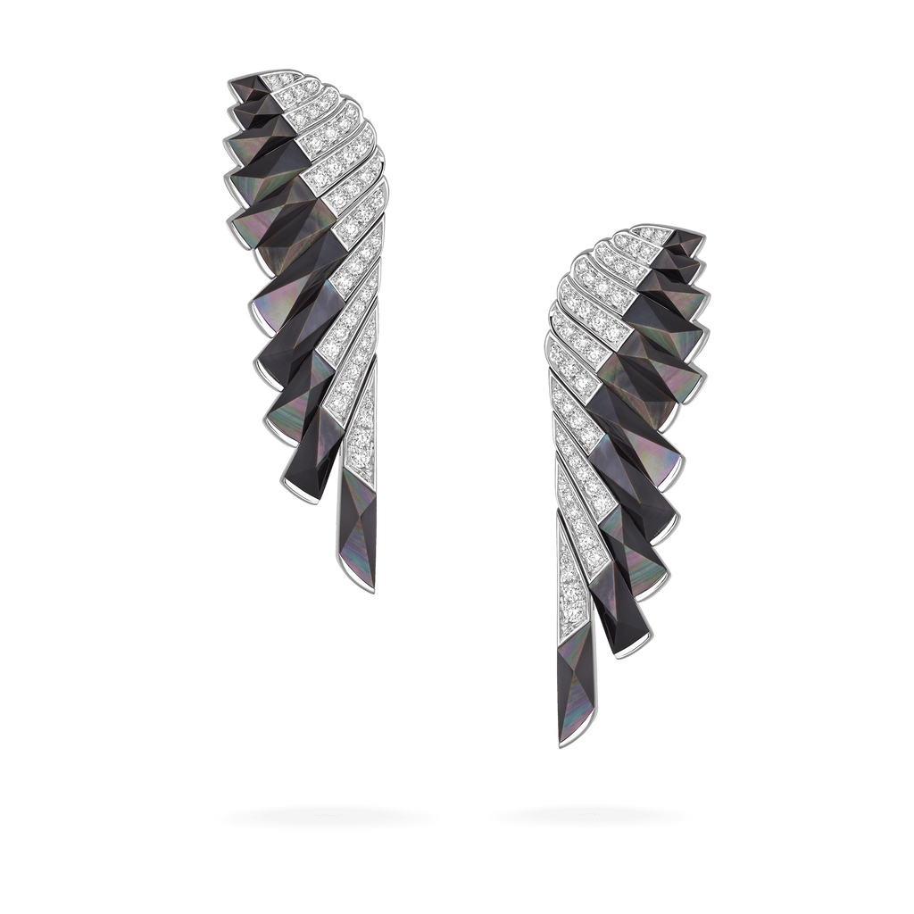 Garrard Wings Jewellery Collection Rising Black Mother of Pearl and Diamond Earrings In 18ct White Gold, 2018617, Hero View