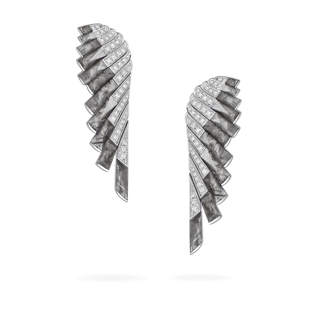 Garrard Wings Jewellery Collection Rising Limited Edition Meteorite and Rock Crystal Earrings In 18ct White Gold with Diamonds, 2018623, Hero View