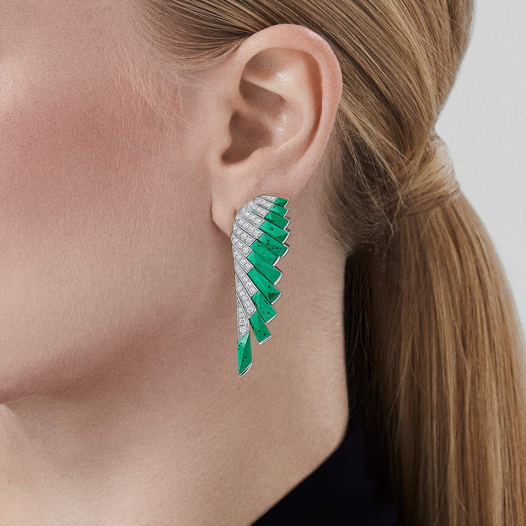 Garrard Wings Rising collection Diamond Earrings and malachite Earrings in 18ct White Gold 2018622 on model