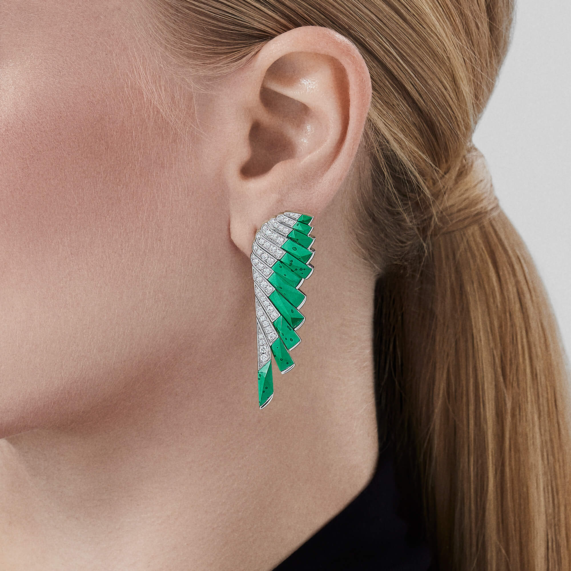 Garrard Wings Rising collection Diamond Earrings and malachite Earrings in 18ct White Gold 2018622 on model