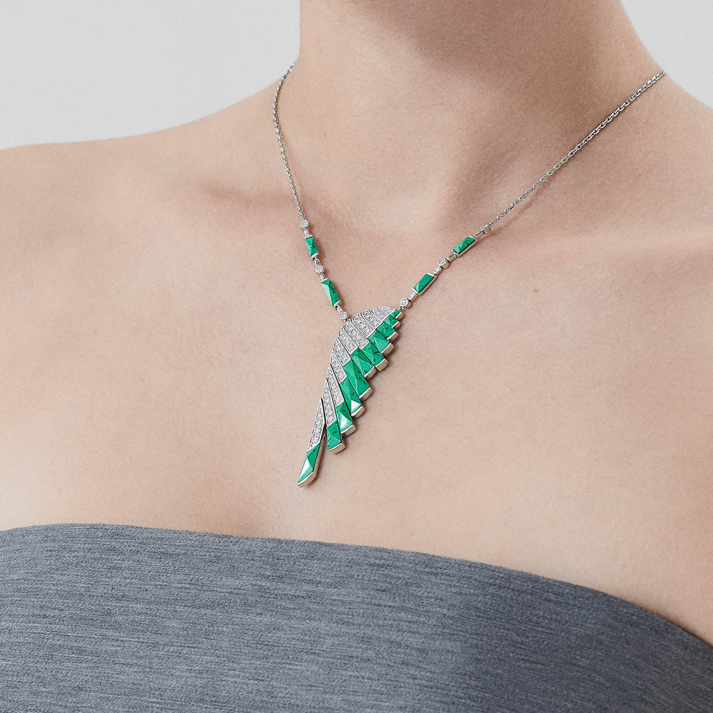 Garrard Wings Rising collection Diamond and Apple Malachite Pendant in 18ct White Gold 2018615 On model