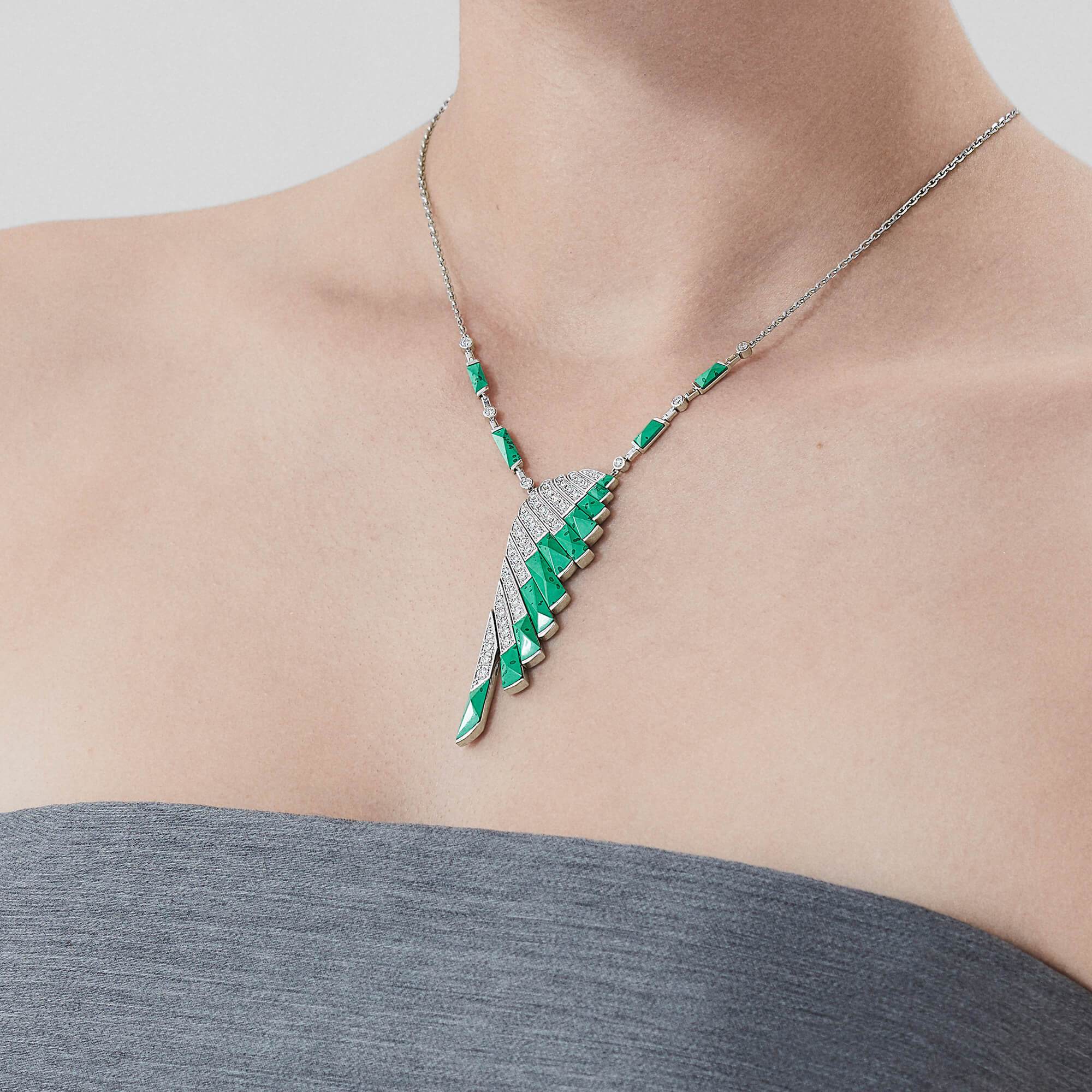 Garrard Wings Rising collection Diamond and Apple Malachite Pendant in 18ct White Gold 2018615 On model