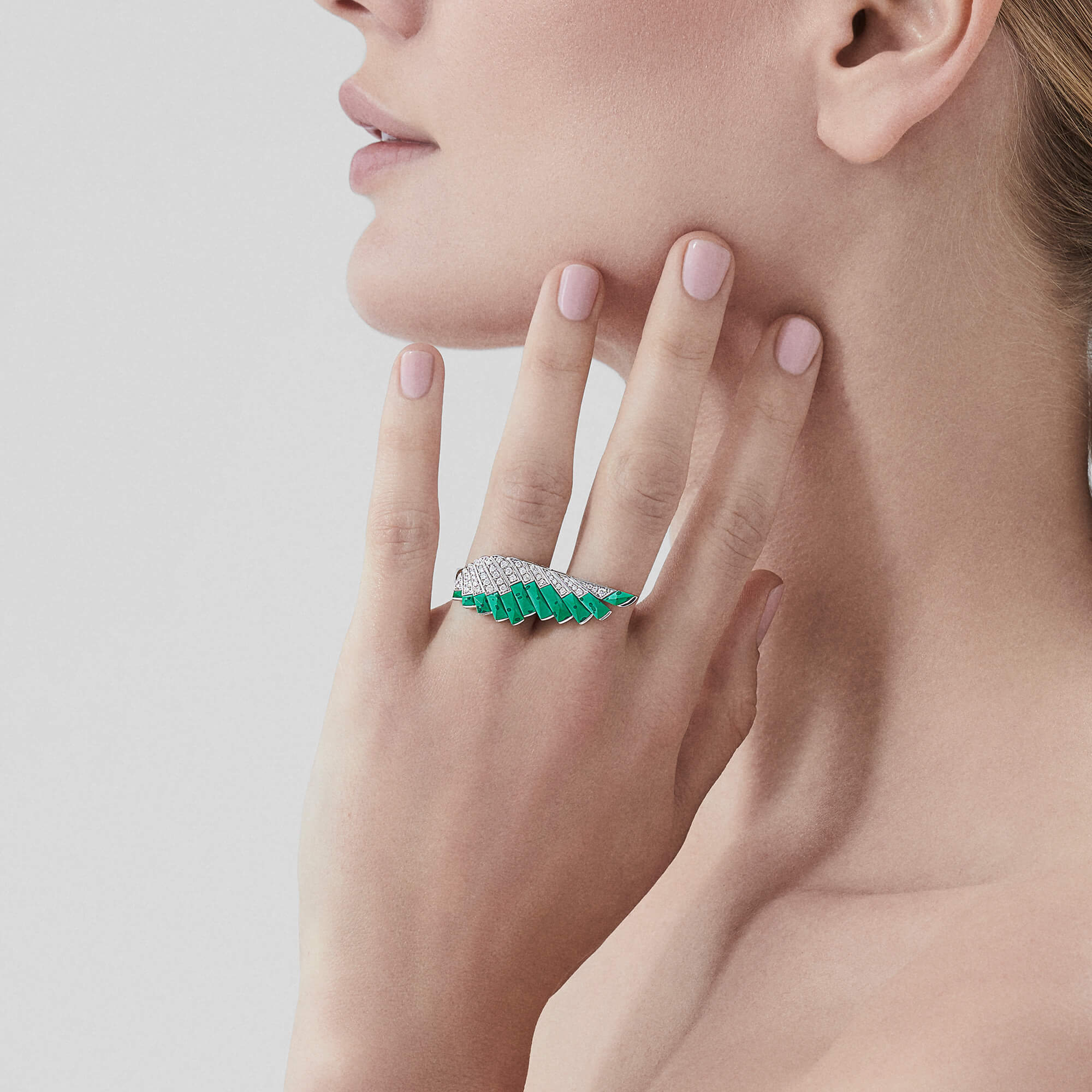 Garrard Wings Rising collection Diamond and Apple Malachite Ring in 18ct White Gold 2018629 on model
