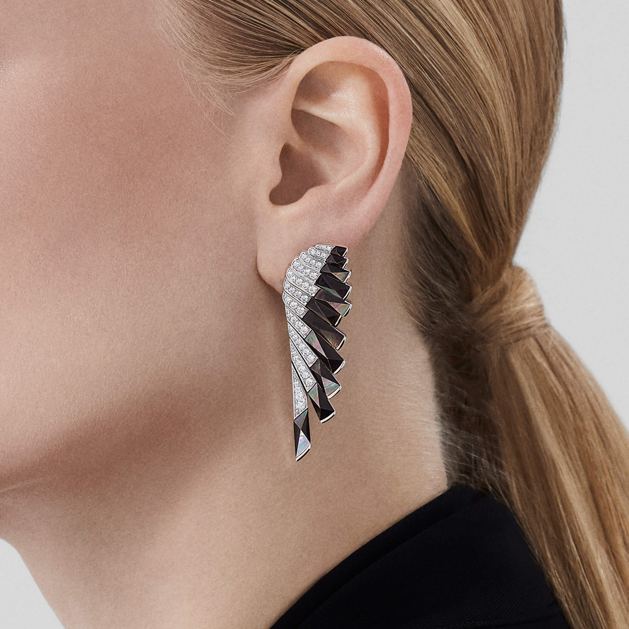 Garrard Wings Rising collection Diamond and Black Mother of Pearl Earrings in 18ct White Gold 2018617 on model