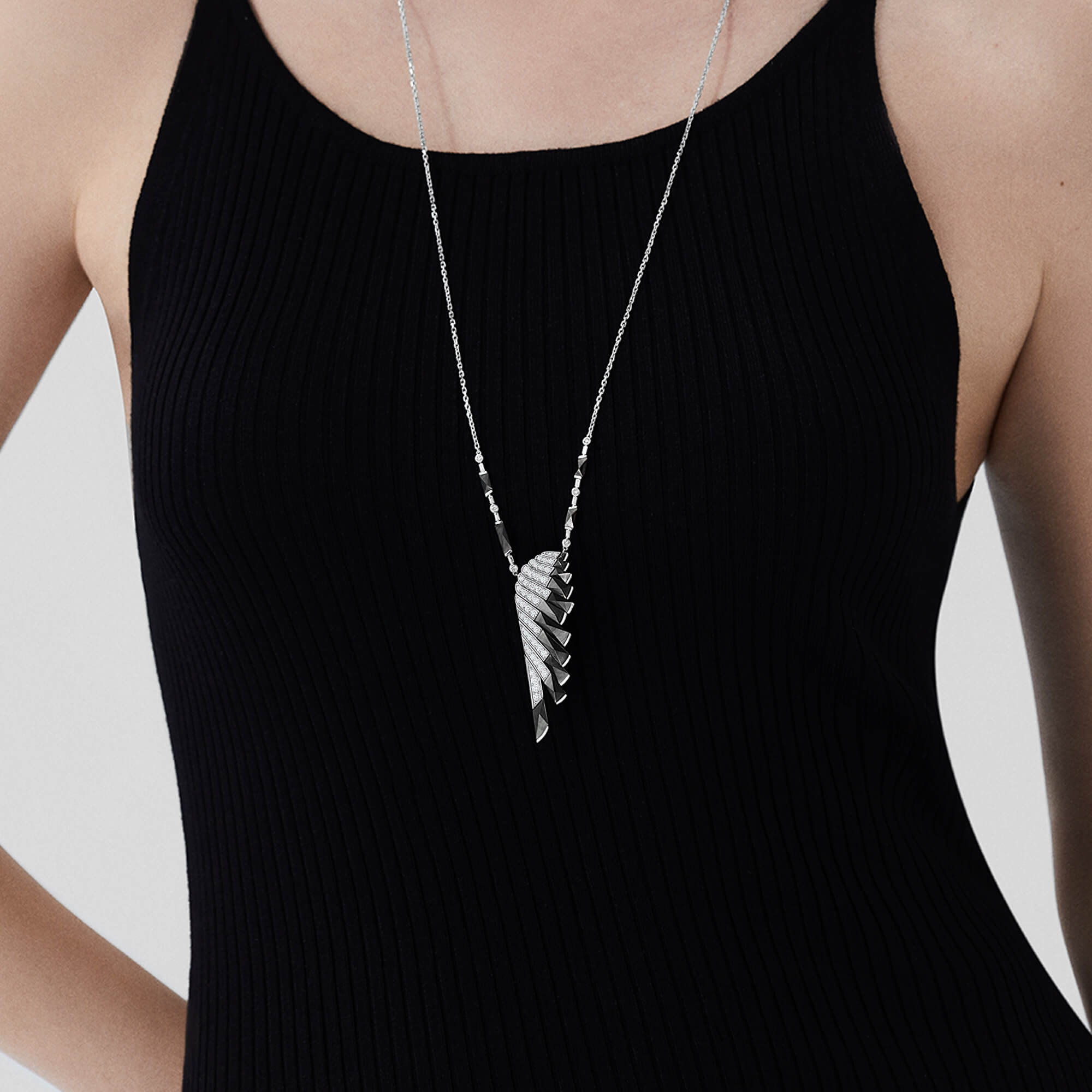 Garrard Wings Rising collection Diamond and Black Mother of Pearl Pendant in 18ct White Gold 2018610 On model 2