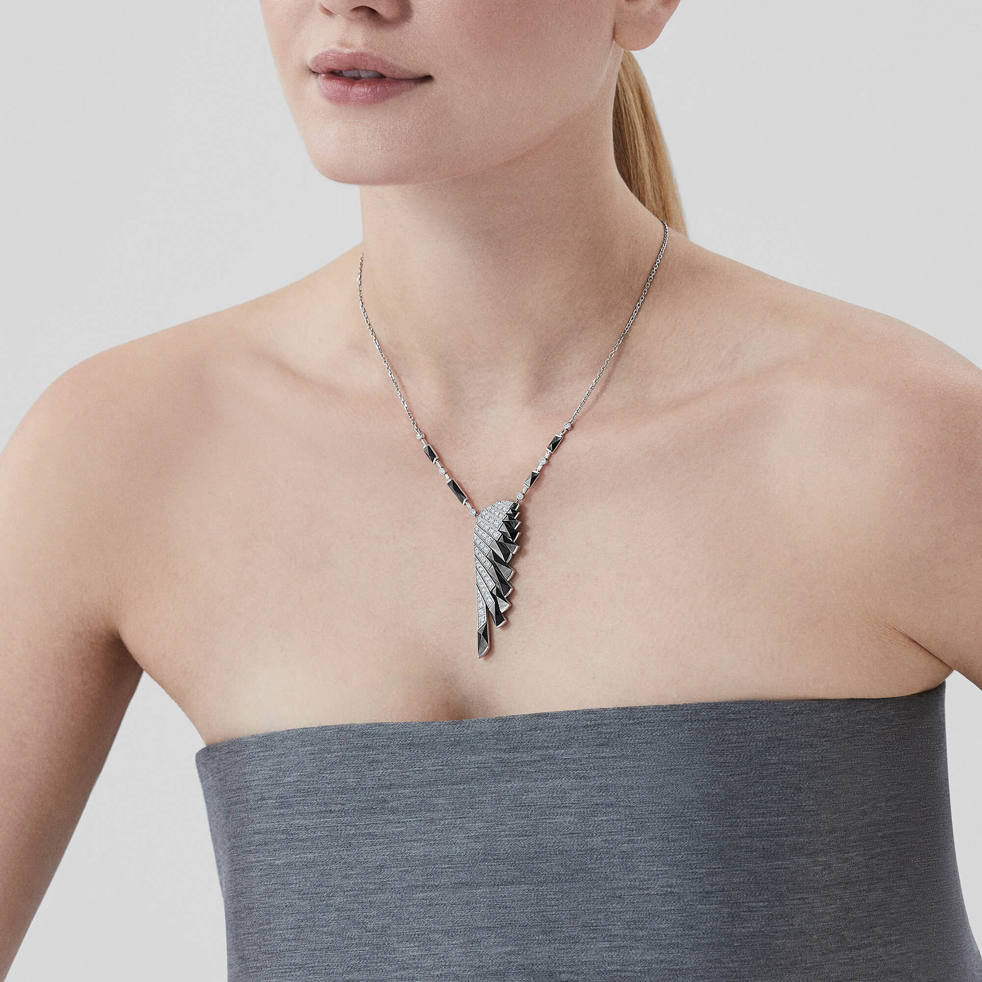 Garrard Wings Rising collection Diamond and Black Mother of Pearl Pendant in 18ct White Gold 2018610 On model