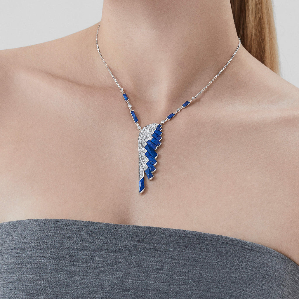 Garrard Wings Rising collection Diamond and Lapis Lazuli Pendant in 18ct White Gold 2018614 On model