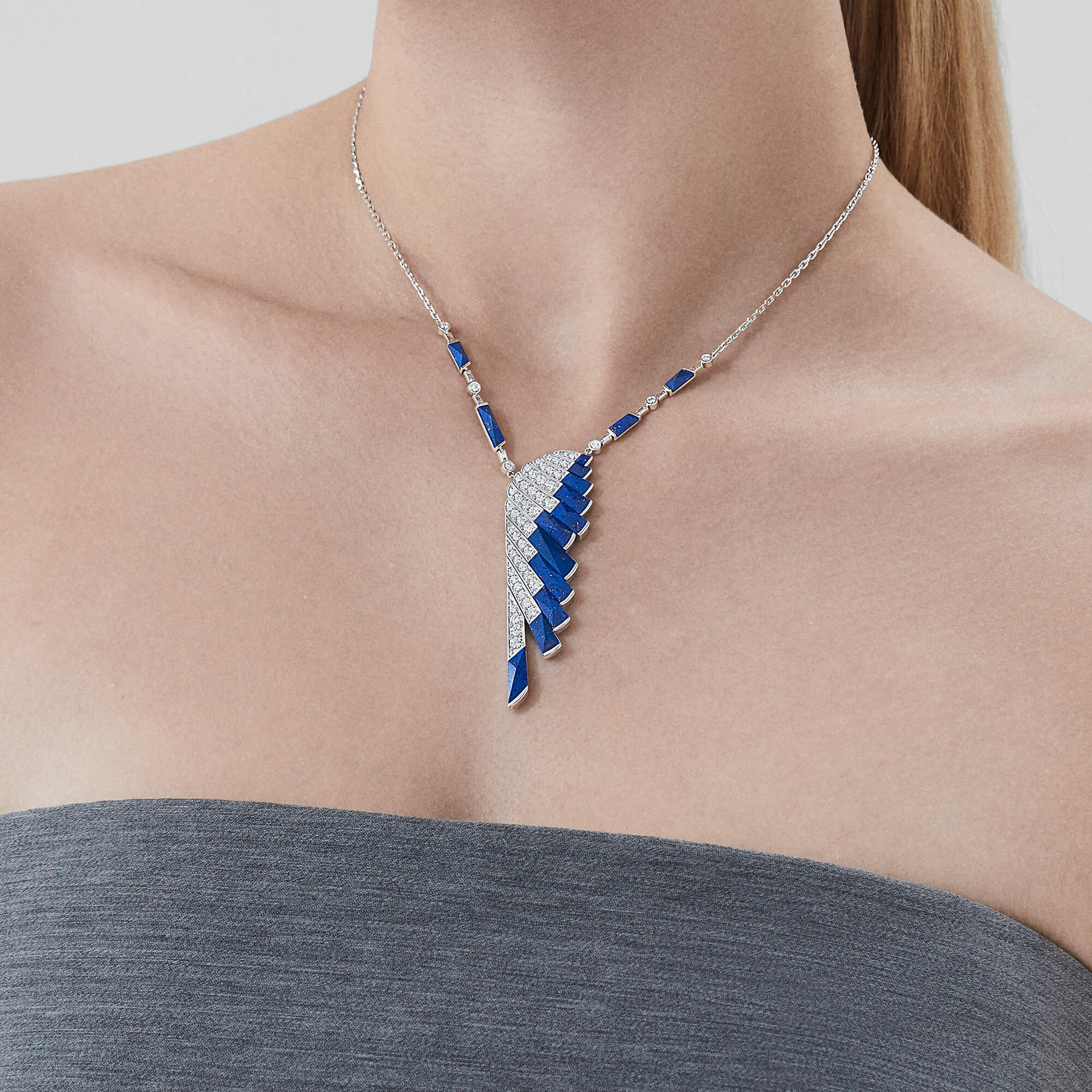 Garrard Wings Rising collection Diamond and Lapis Lazuli Pendant in 18ct White Gold 2018614 On model
