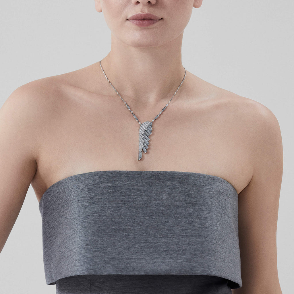 Garrard Wings Rising collection Diamond and Meteorite and Rock Crystal Pendant in 18ct White Gold 2018616 On model