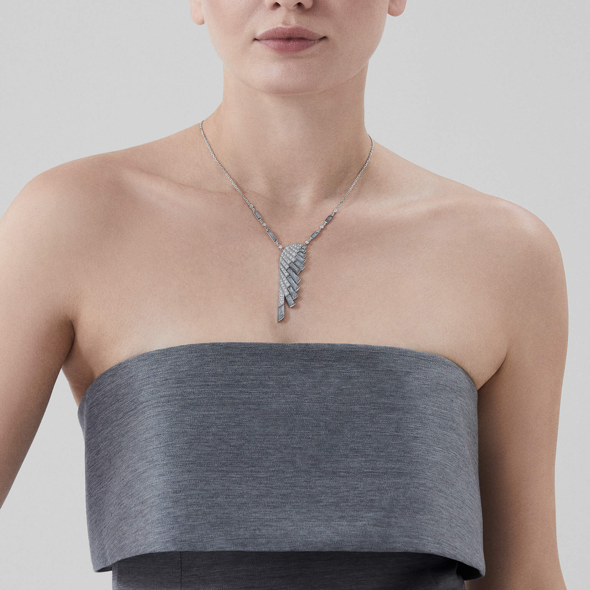 Garrard Wings Rising collection Diamond and Meteorite and Rock Crystal Pendant in 18ct White Gold 2018616 On model