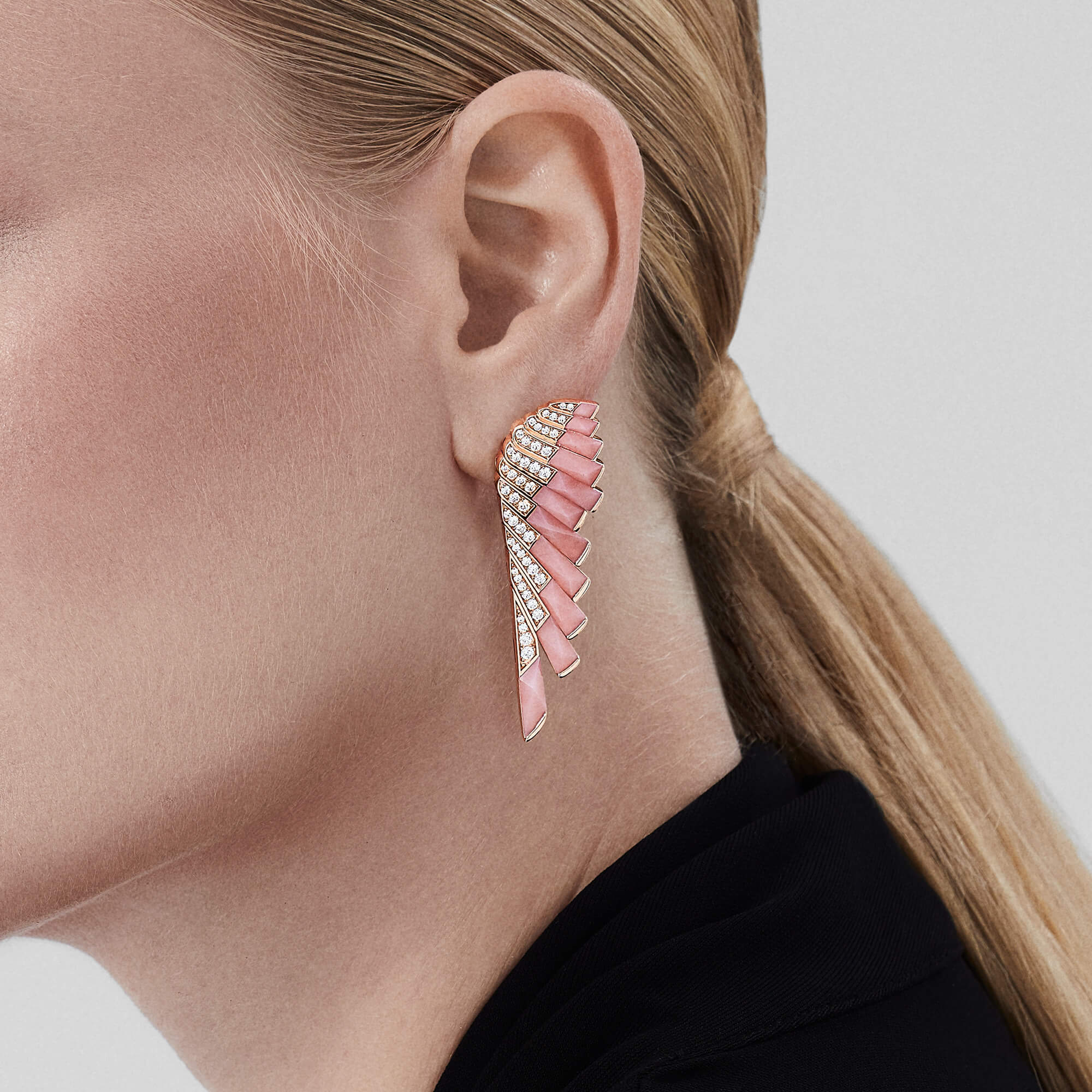 Garrard Wings Rising collection Diamond and Pink Opal Earrings in 18ct Rose Gold 2018620 on model