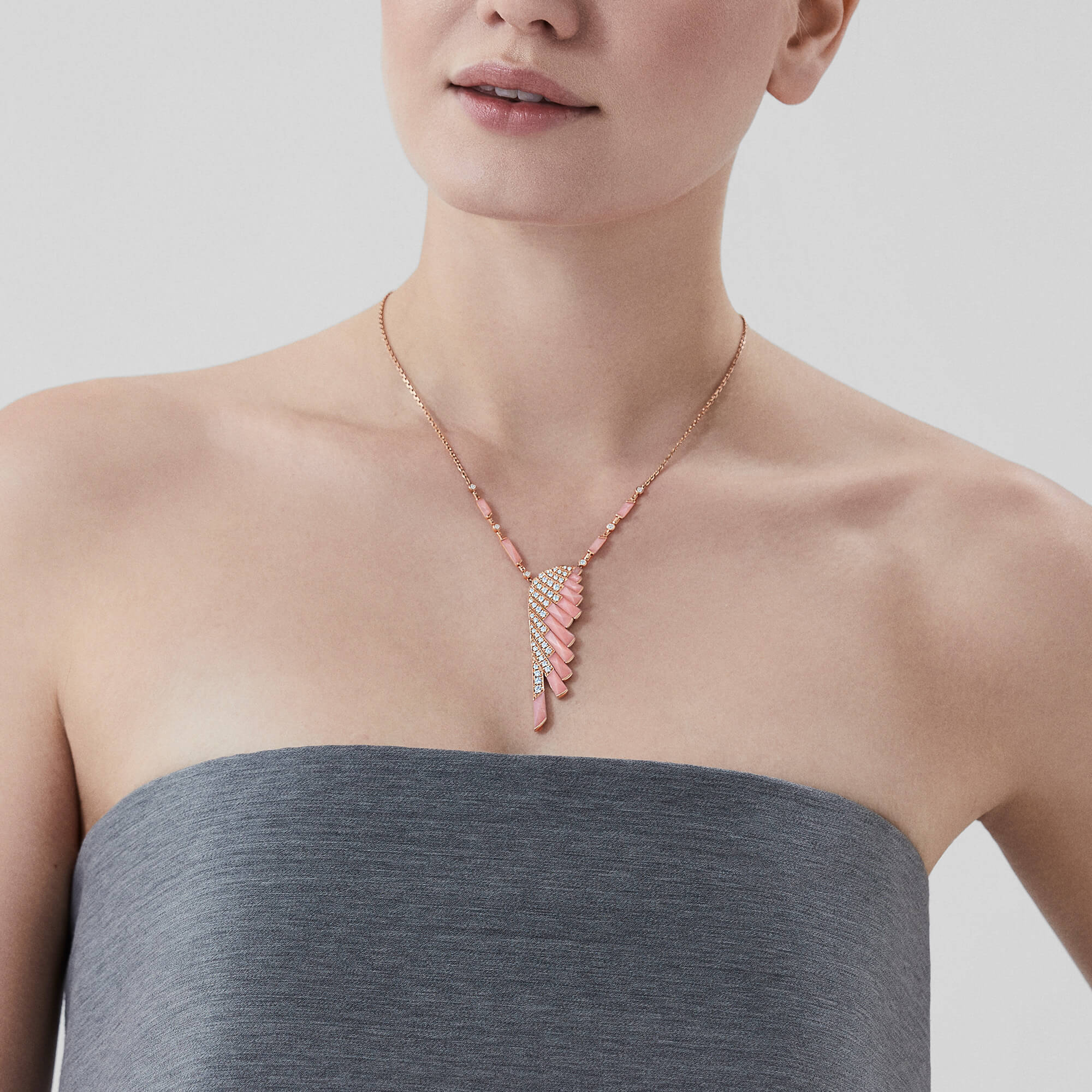 Garrard Wings Rising collection Diamond and Pink Opal Pendant in 18ct Rose Gold 2018620 On model