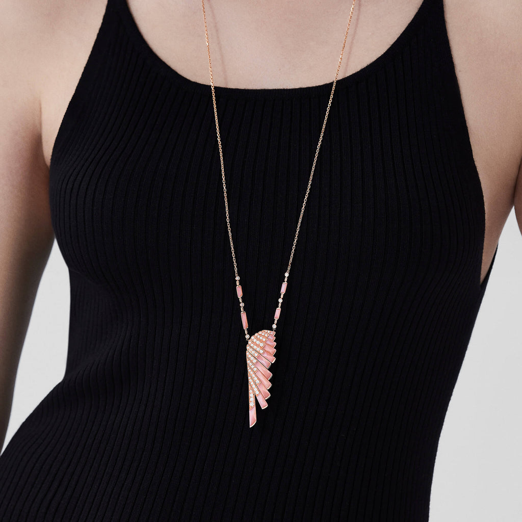 Garrard Wings Rising collection Diamond and Pink Opal Pendant in 18ct White Gold 2018620 On model