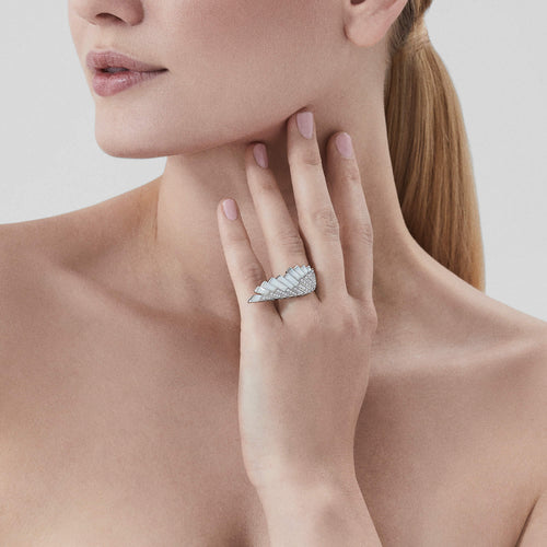 Garrard Wings Rising collection Diamond and White Mother of Pearl Ring in 18ct White Gold 2018672 On model