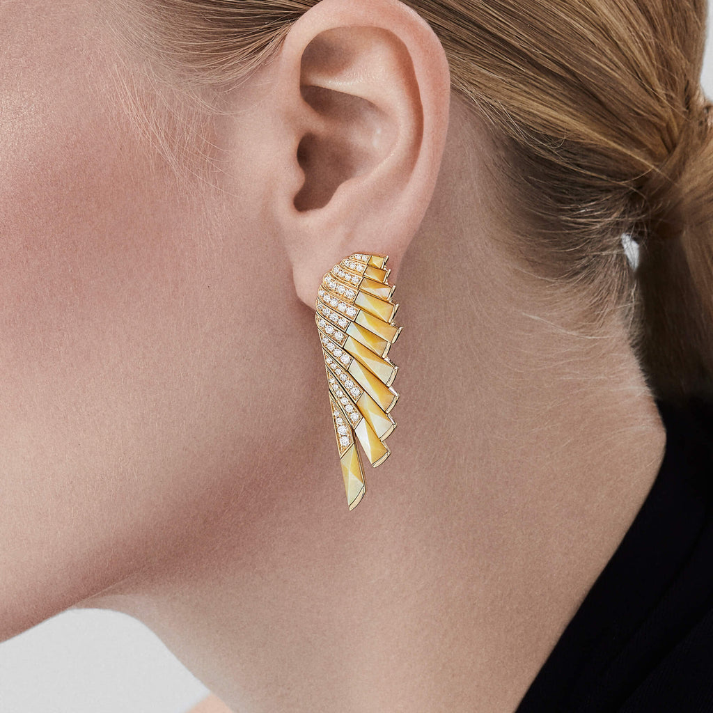 Garrard Wings Rising collection Diamond and Yellow Mother of Pearl Earrings in 18ct Yellow Gold 2018618 on model