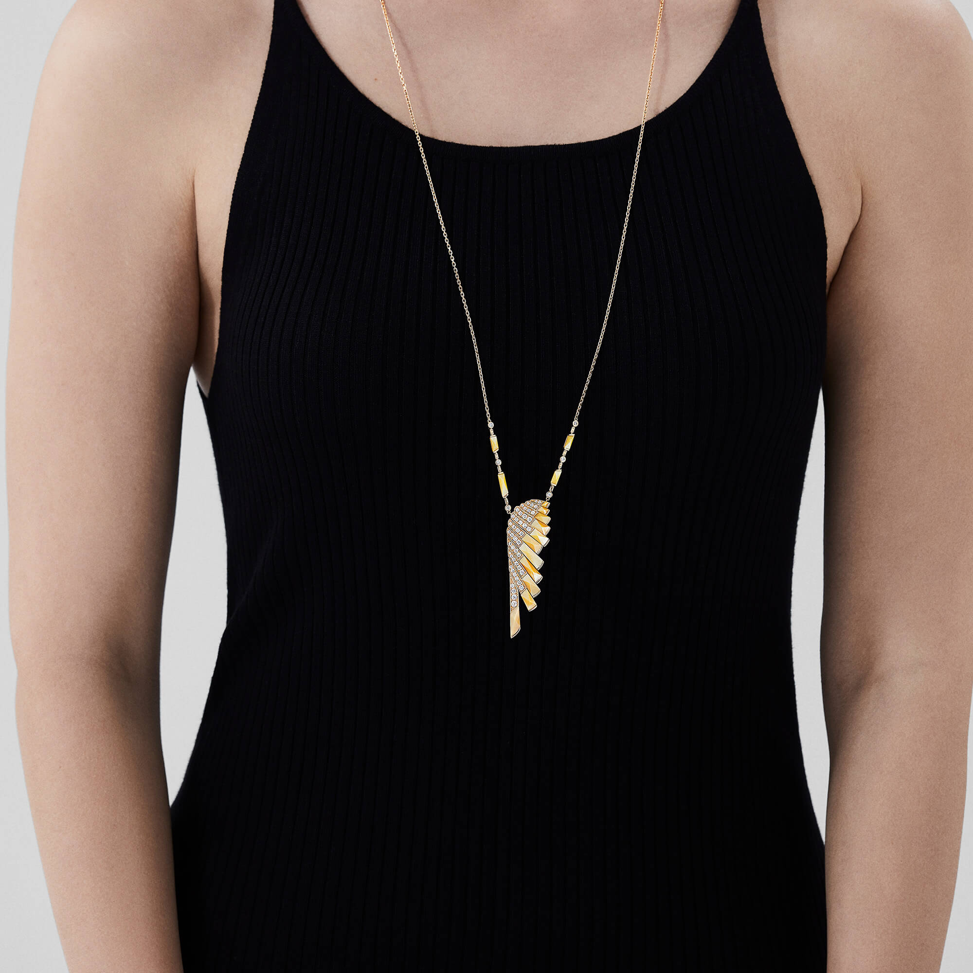 Garrard Wings Rising collection Diamond and Yellow Mother of Pearl Pendant in 18ct Yellow Gold 2018611 On model with long chain