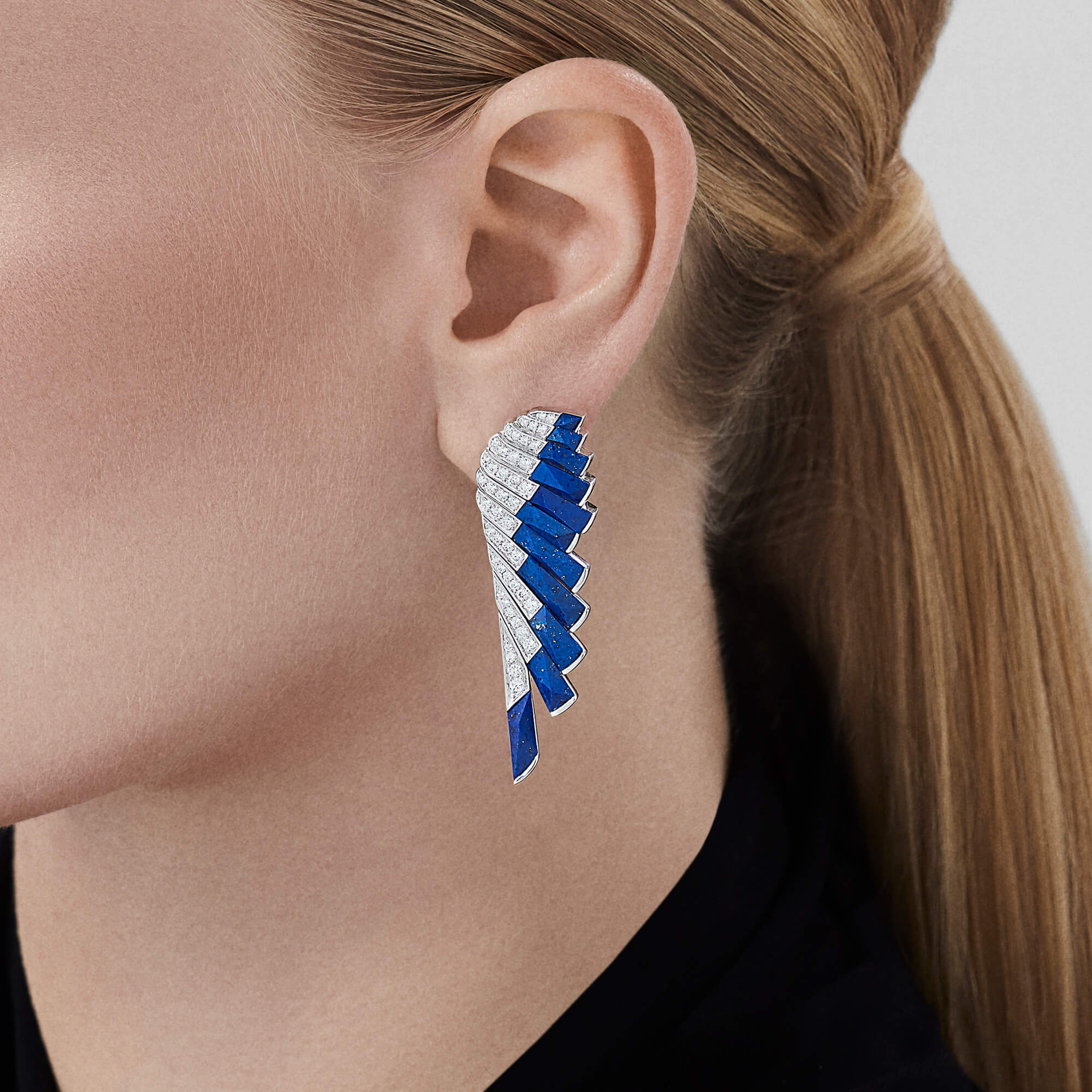 Garrard Wings Rising collection Diamond and lapis lazuli Earrings in 18ct White Gold 2018621 on model