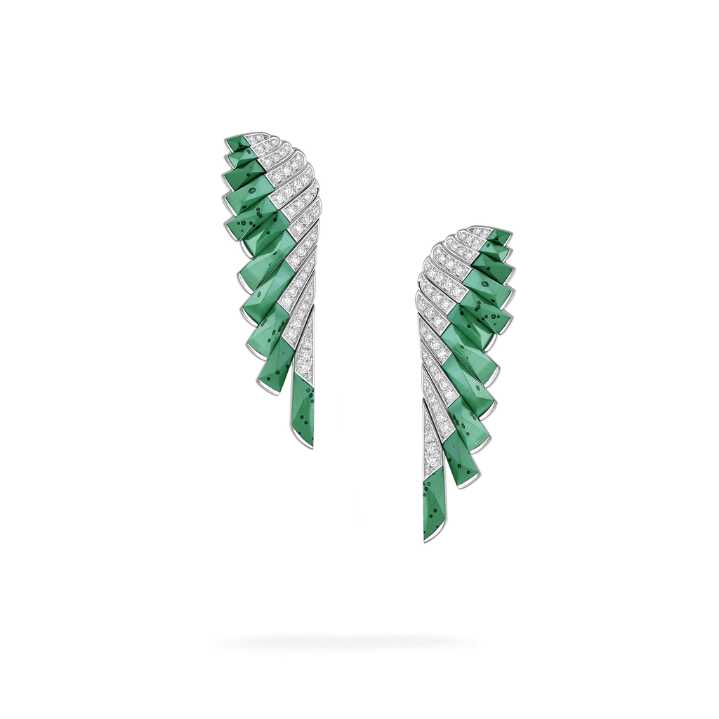 Garrard Wings Rising collection Earrings in 18ct White Gold with Diamonds and Apple Malachite 2018622 Hero View