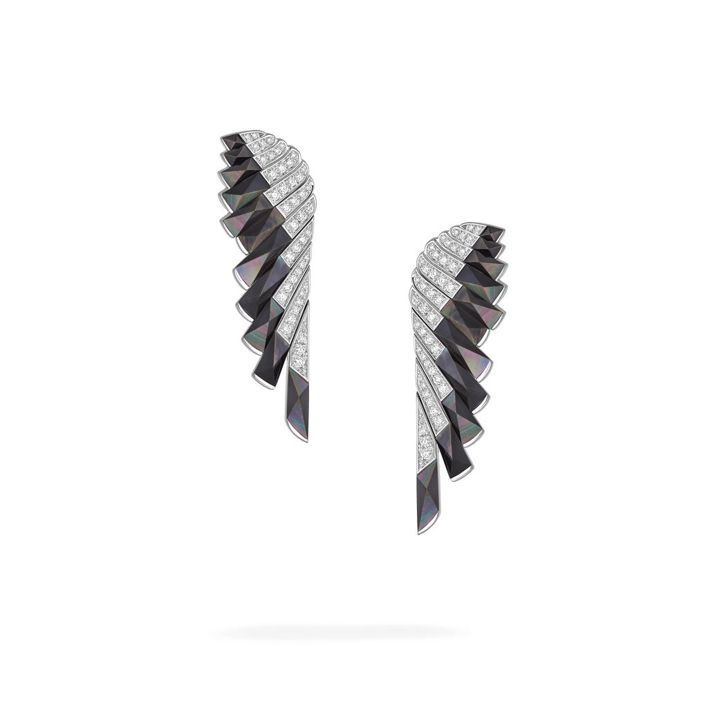Garrard Wings Rising collection Earrings in 18ct White Gold with Diamonds and Black Mother of Pearl 2018617 Hero View