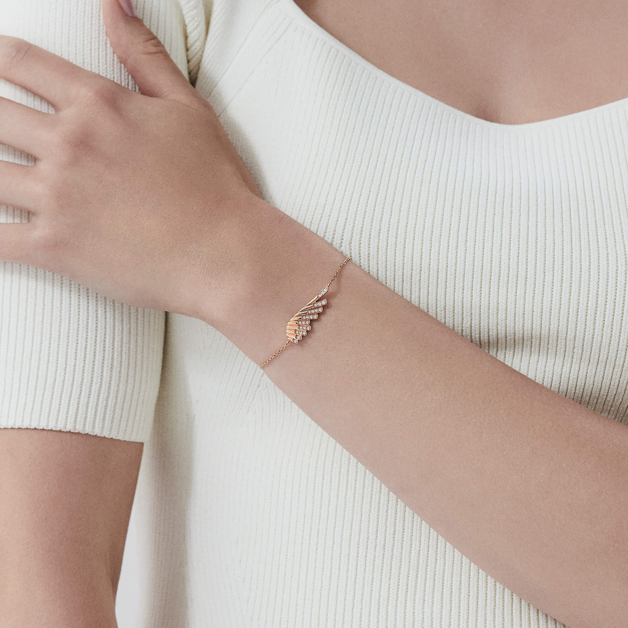 Garrard Wings Rising collection Mini Icon Diamond Bracelet in 18ct Rose Gold 2018638 on model