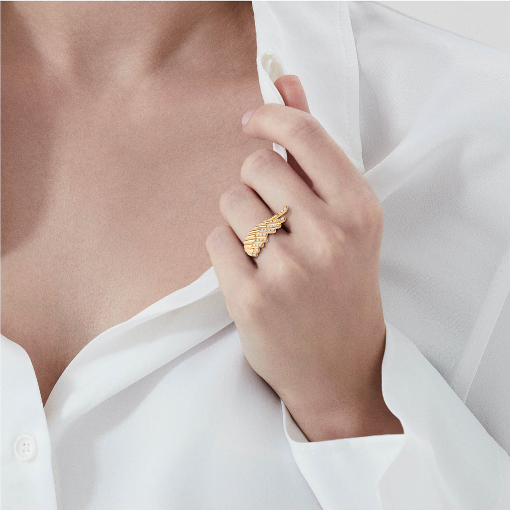 Garrard Wings Rising collection Mini Icon Diamond Ring in 18ct Yellow Gold 2018642 on model