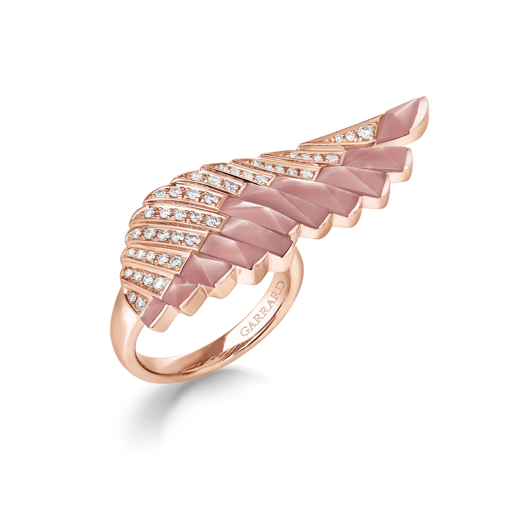 Garrard Wings Rising collection Ring in 18ct Rose Gold with Diamonds and Pink Opal 2018627 Hero View