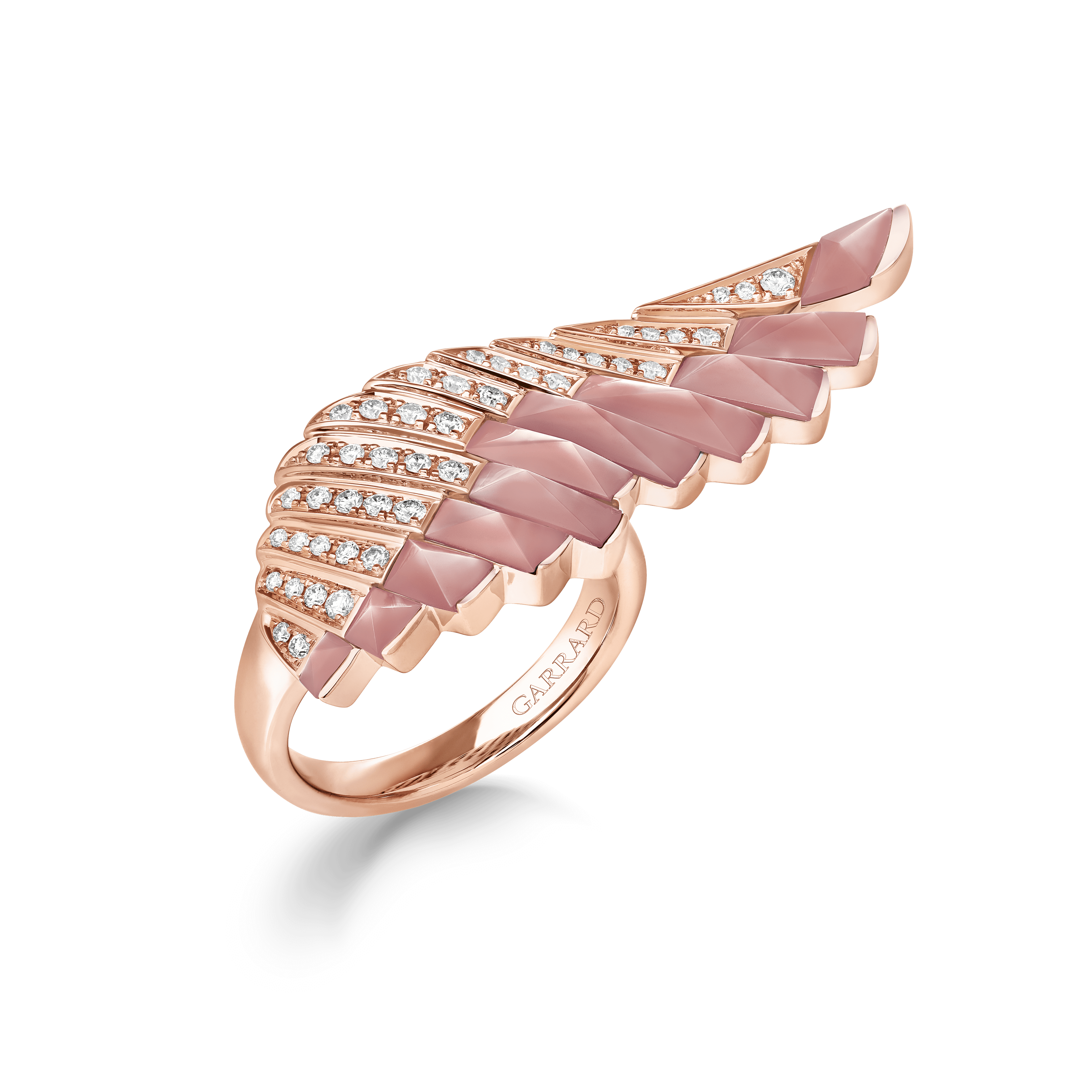 Garrard Wings Rising collection Ring in 18ct Rose Gold with Diamonds and Pink Opal 2018627 Hero View
