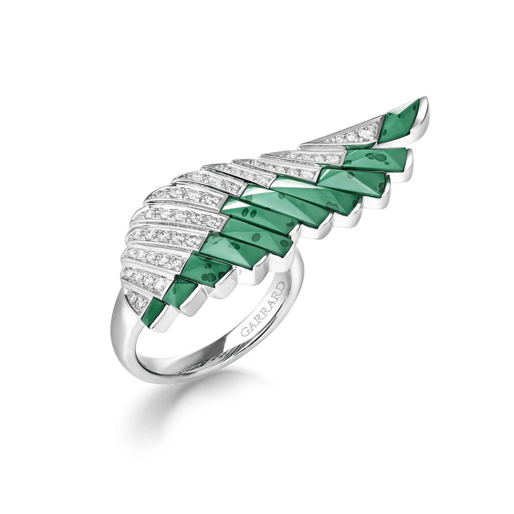Garrard Wings Rising collection Ring in 18ct White Gold with Diamonds and Apple Malachite 2018629 Hero View
