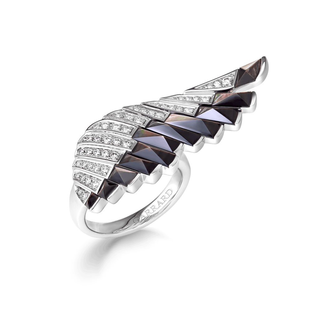 Garrard Wings Rising collection Ring in 18ct White Gold with Diamonds and Black Mother of Pearl 2018624 Hero View