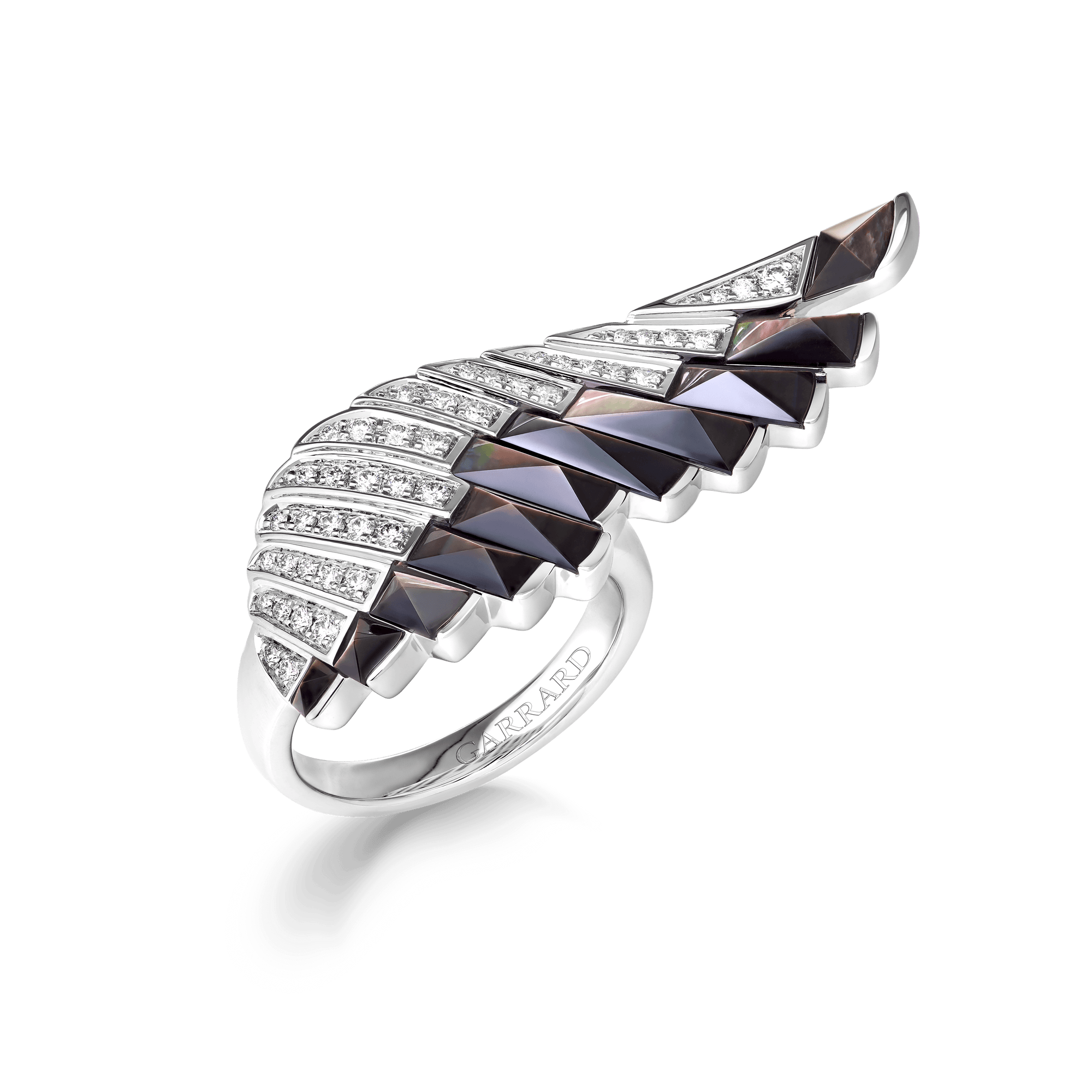 Garrard Wings Rising collection Ring in 18ct White Gold with Diamonds and Black Mother of Pearl 2018624 Hero View