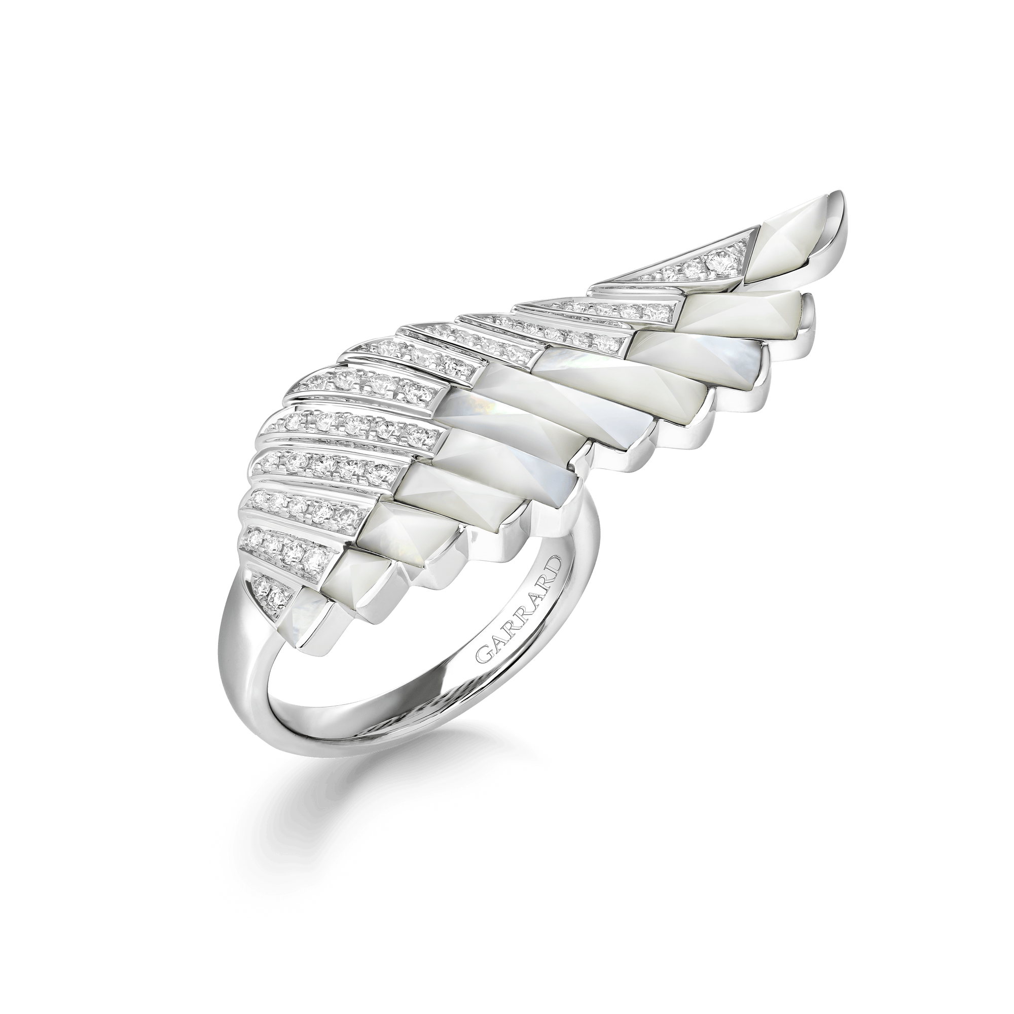 Garrard Wings Rising collection Ring in 18ct White Gold with Diamonds and White Mother of Pearl 2018626 Hero View